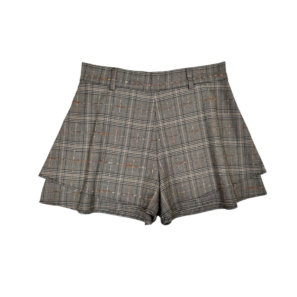 Lavender Brown Tweed Plaid A-Line Shorts‎ Size L High Waist Mini Ruffle Academia